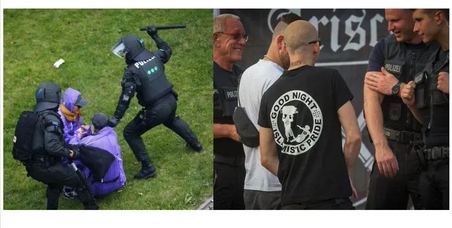 RadicalPast's tweet image. Links, wie Cops mit gewaltfreien Aktivist*innen umgehen.
Rechts, wie Cops mit Nazis umgehen. 
#Polizeiproblem