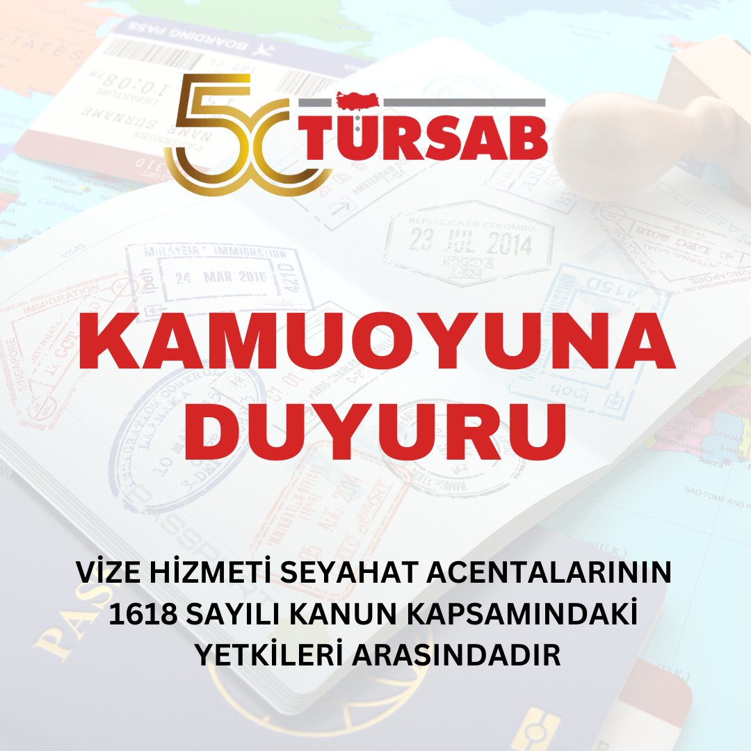 KAMUOYUNA DUYURU

VİZE HİZMETİ SEYAHAT ACENTALARININ 1618 SAYILI KANUN KAPSAMINDAKİ YETKİLERİ ARASINDADIR

Turizm sektörünün en önemli unsurlarından biri olan seyahat acentalarımızın çatı kuruluşu ve kamu kurumu niteliğinde meslek birliği sıfatı ile Türkiye Seyahat Acentaları