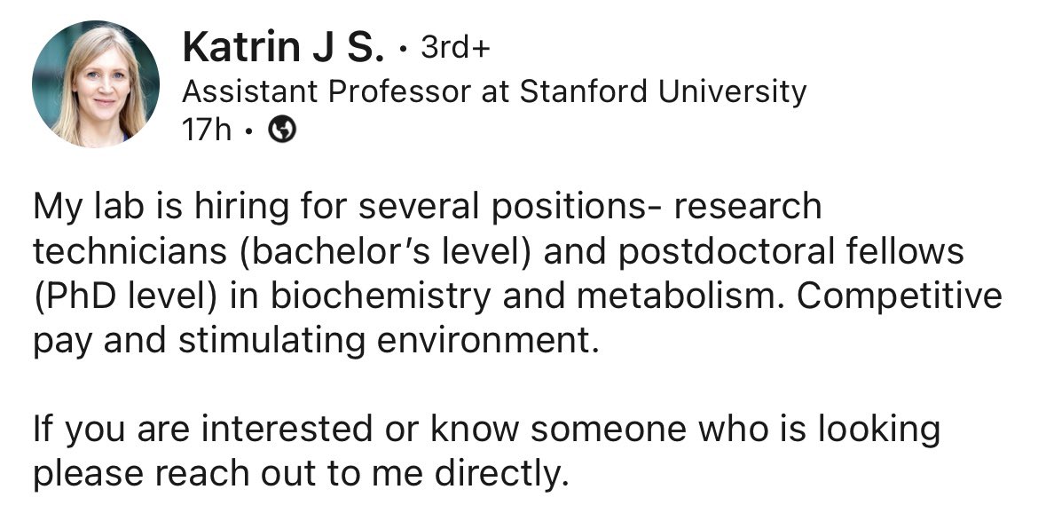 She is looking for BSC, MSc, PhD research assistantships in her lab 2024/2025🇺🇸🇺🇸 <a href="/SvenssonLab/">SvenssonLab</a> 
DM her on LinkedIn or email katrinjs(at)stanford.edu #Biochemistry 

svenssonlabstanford.org/our-team