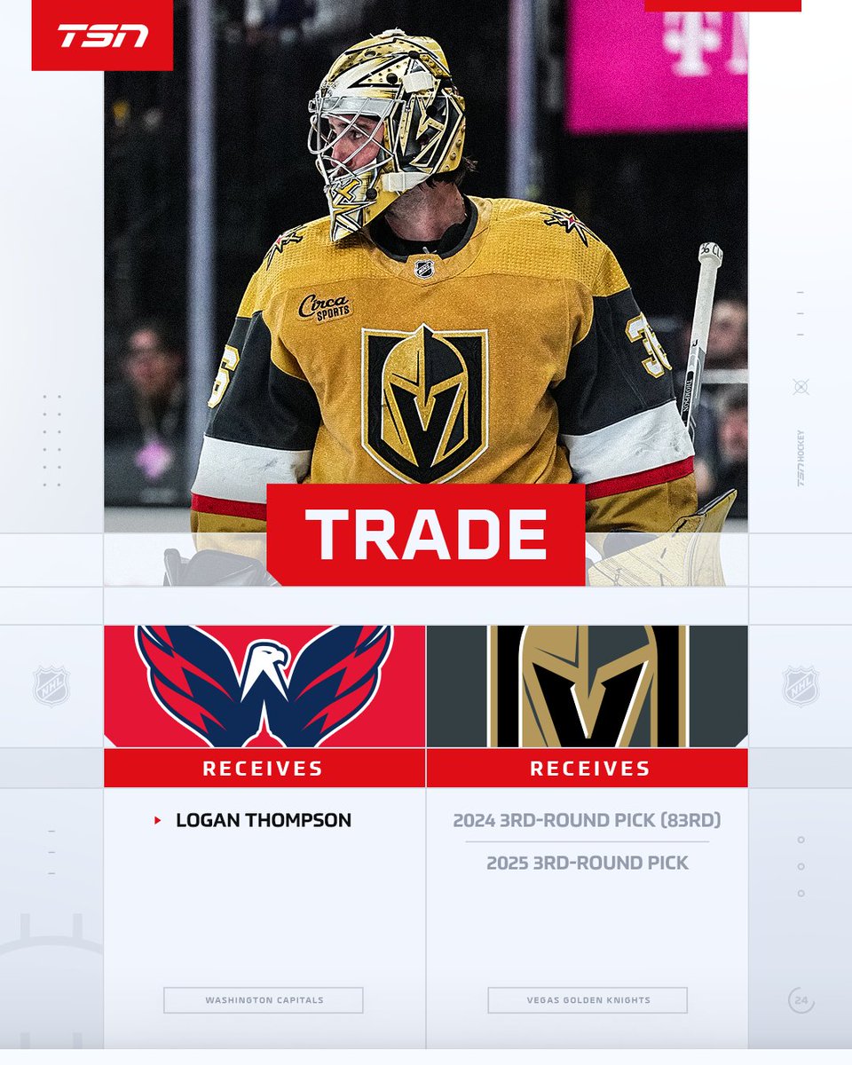 TSN_Sports's tweet image. 🚨Trade Alert🚨

Logan Thompson will head to the Washington Capitals through a trade with the Vegas Golden Knights 🤝