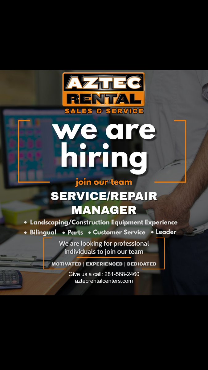 HIRING: Service/Repair Manager
We are looking for an experienced individual in landscaping and construction equipment service and repair to manage our Sugar Land location service department. 

#career #job #work #landscaping #construction #service #repair #parts #manager #texas