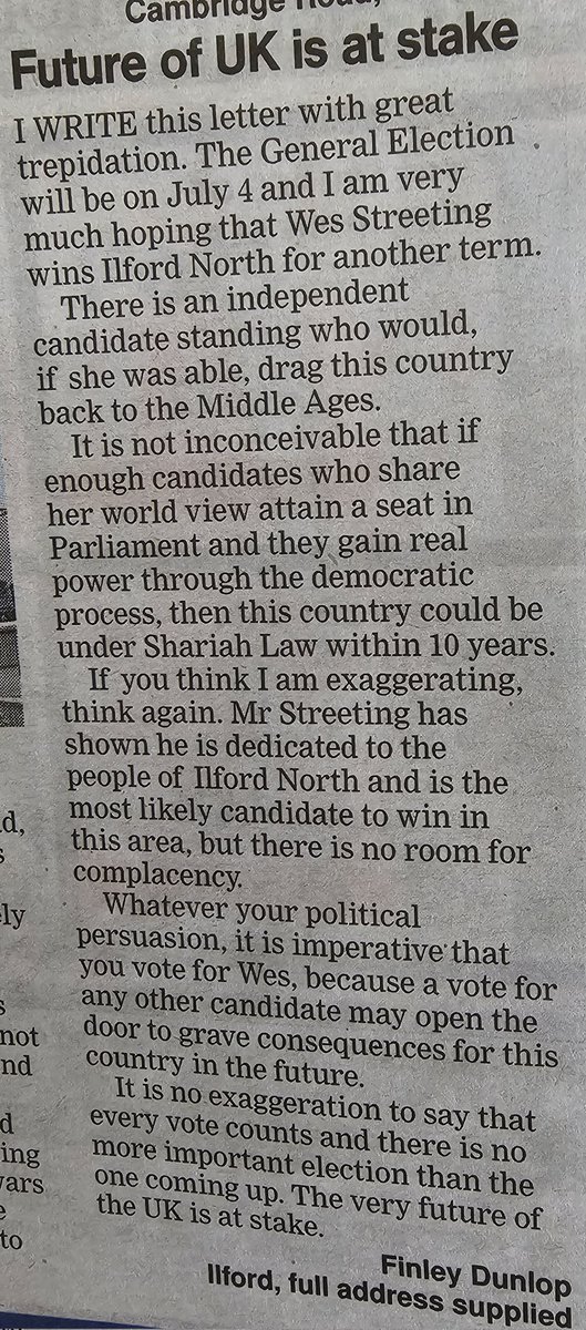 Andywalker1945's tweet photo. I am disappointed with the @IlfordRecorder for publishing this letter. It is an incitement to religious hatred against @LeanneMohamad and I hope the Recorder issue an apology asap. https://t.co/MSQIDdlcWR