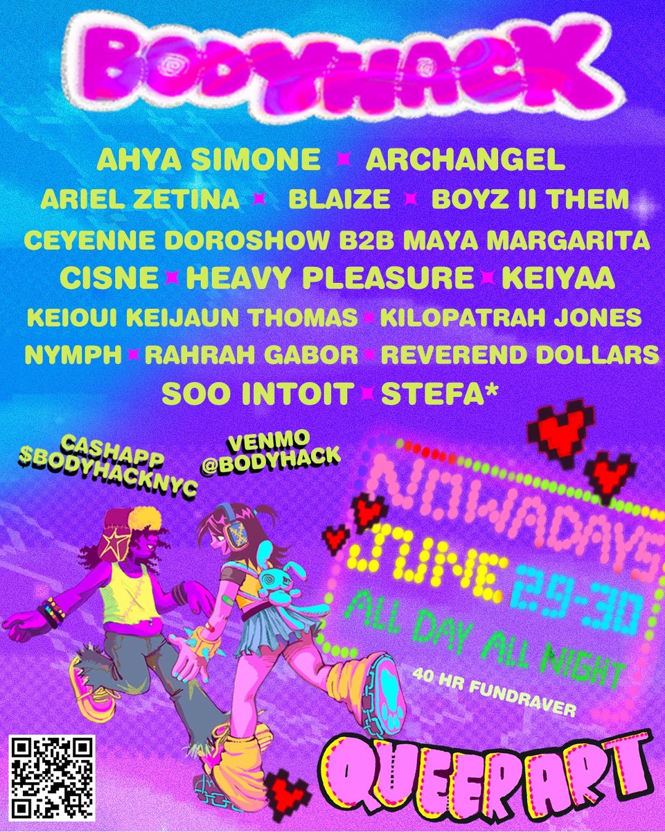 Today is the day ❤️ BODY HACK’S NONSTOP MUSIC FESTIVAL W/ MISTER SUNDAY &amp; QUEER ART ALL DAY TODAY/ TOMORROW ⭐️ We’re raising 1 milli 4 G.L.I.T.S inc! Come join us - help us make HISTORY! 

Ft.  <a href="/idee_fixe_/">🕰️🌊NEPTUNIAN BLUE 🌊🕰️</a> , <a href="/keiyaa_/">keiyaA</a> , <a href="/kilopatrahjones/">kilo</a> , <a href="/reverenddollars/">renee 🪩</a> , <a href="/ByrellTheGreat/">MISS DADDY</a> &amp; MORE!