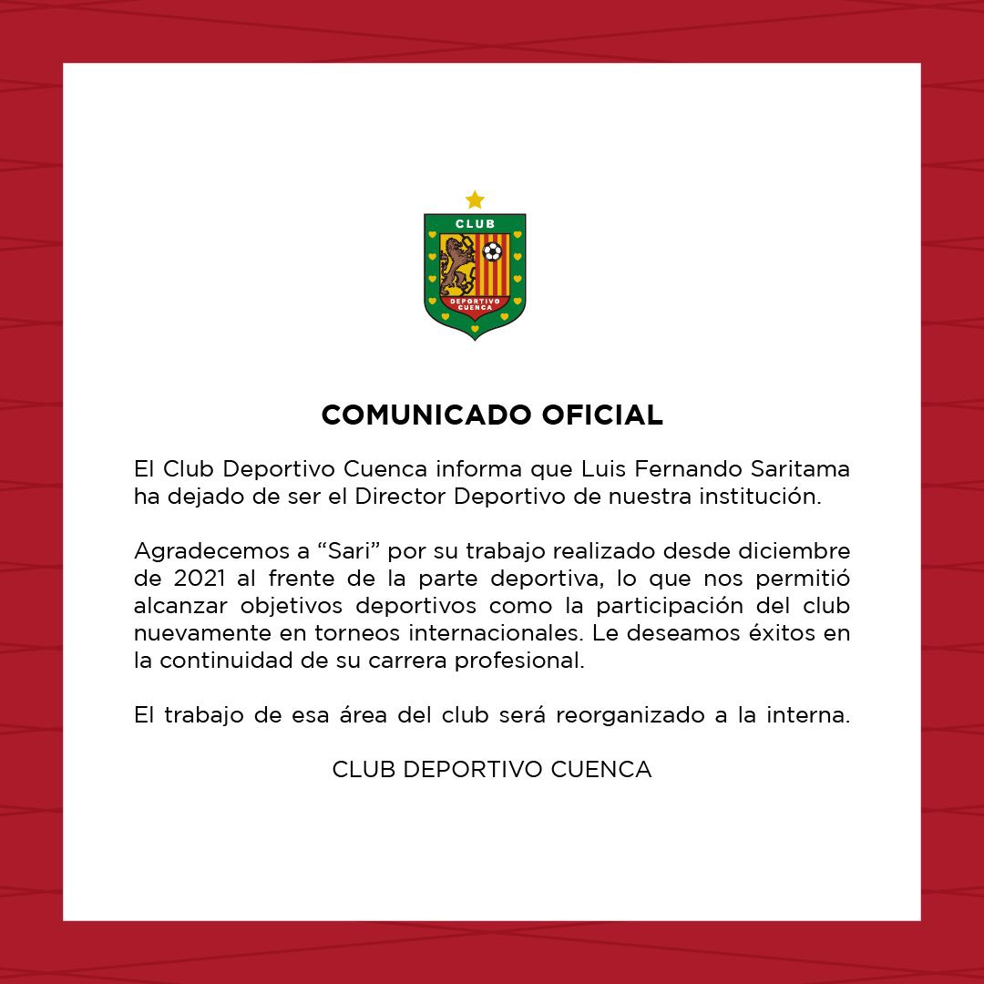 andresmunoza's tweet photo. La piedra angular de #DCuenca se va. Saritama le había dado el mayor equilibrio posible a un club bicéfalo e ingobernable.

A menos de un mes de la elecciones, el proceso electoral asoma como la única salida para la crisis del club.

¿Habrá contingencias o empieza la hemorragia? https://t.co/SNdyiezrGi