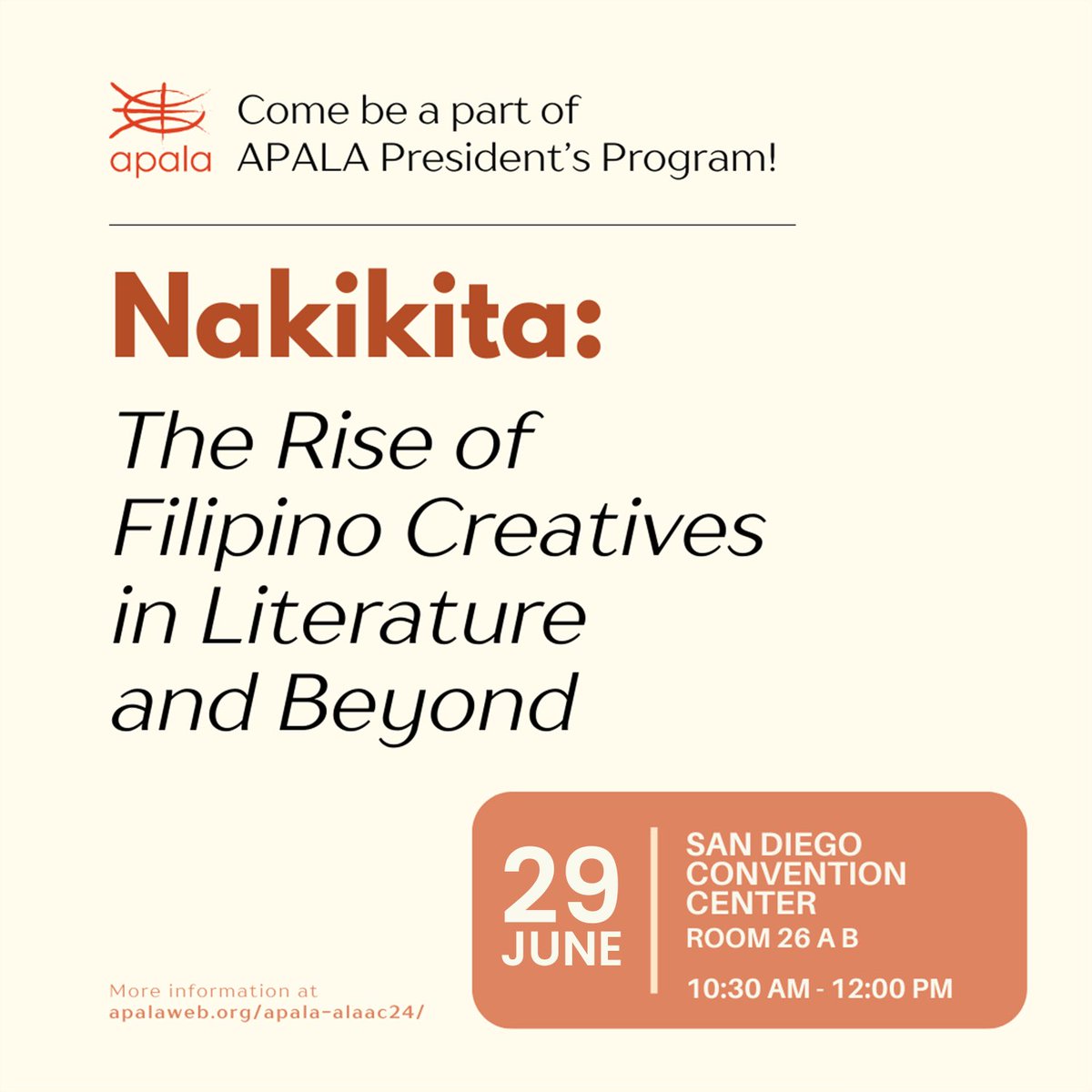 ala_apala's tweet image. TODAY! APALA President’s Program

Nakikita: The Rise of Filipino Creatives in Literature and Beyond

Date: Saturday 6/29
Time: 10:30a– 12p
Location: San Diego Convention Center, Room 26 A B

View all the APALA @ ALA Annual 2024 events: apalaweb.org/apala-alaac24