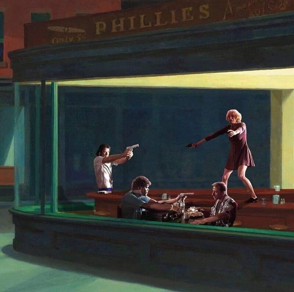 Quetin Tarantino VS Edward Hopper ¡AMO! 
¡Feliz sábado de cine! 
#cine #CinemaUpdate #CINEMAUPDATES #arte