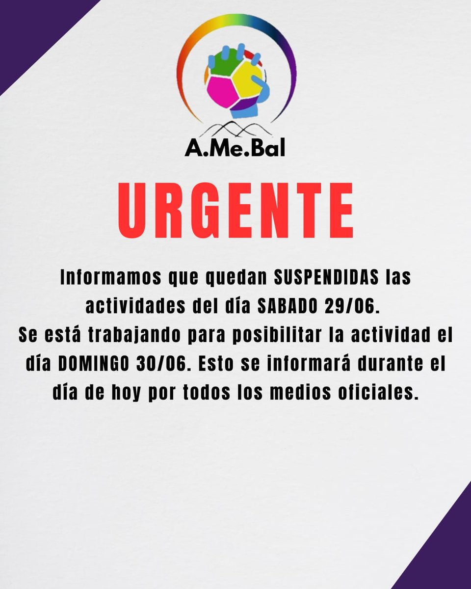 Todas las actividades programadas para el día de hoy Sábado 29/06 quedan *SUSPENDIDAS* 
Se está trabajando para determinar la continuidad de los partidos del día Domingo 30/06.
Se informar por los medios oficiales de comunicación durante el día de hoy.