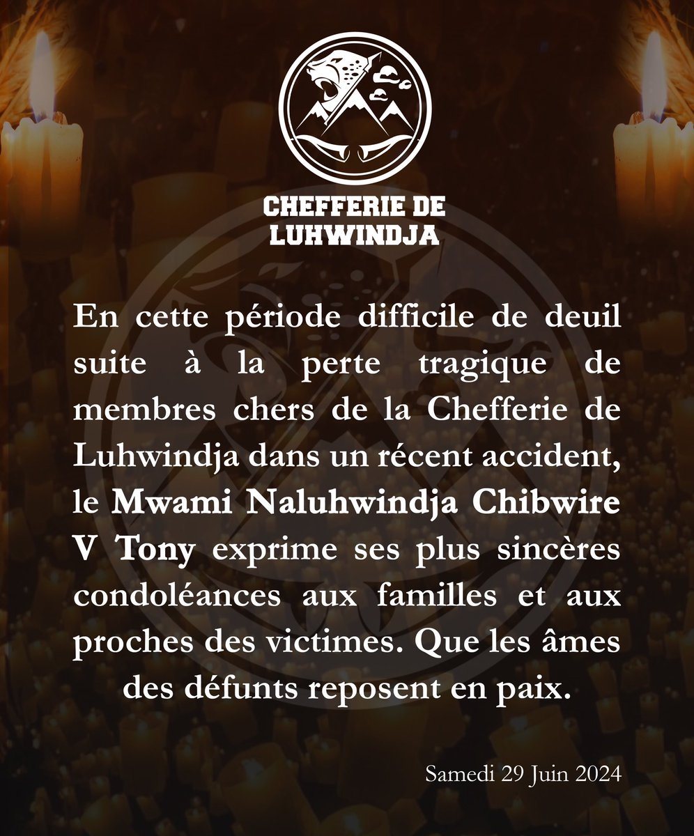 Chefferie de Luhwindja (@cluhwindja) on Twitter photo Sa Majesté le <a href="/MwamiTony/">Mwami Naluhwindja Tony</a> , accompagné de toute la population de Luhwindja, exprime ses plus sincères condoléances aux familles et aux proches des 12 victimes décédé et ses compassion aux blessés de l'accident tragique. Que les âmes des défunts reposent en paix. #Luhwindja Sa Majesté le <a href="/MwamiTony/">Mwami Naluhwindja Tony</a> , accompagné de toute la population de Luhwindja, exprime ses plus sincères condoléances aux familles et aux proches des 12 victimes décédé et ses compassion aux blessés de l'accident tragique. Que les âmes des défunts reposent en paix. #Luhwindja