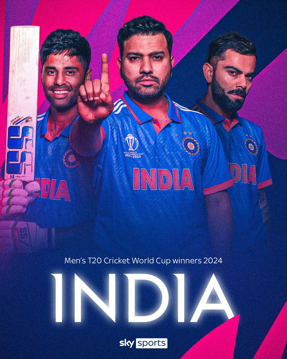 SkyCricket's tweet image. INDIA WIN THE 2024 MEN'S T20 CRICKET WORLD CUP 🏆