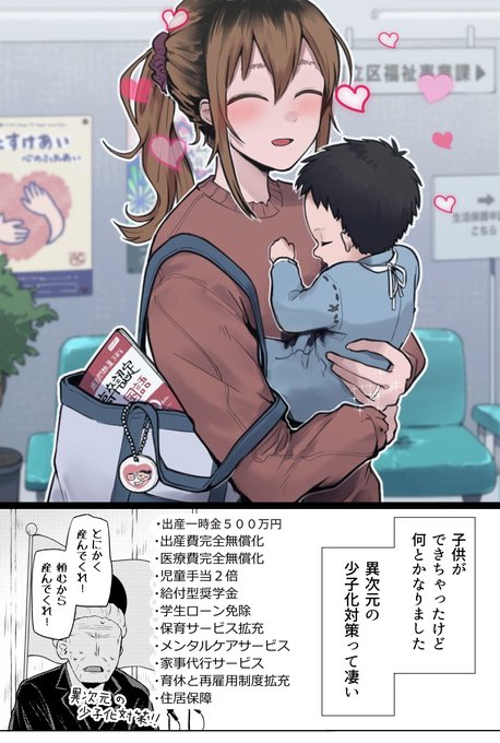 若くして子供を産む母親に対しては羨望と称賛の目が向けられ、政府からは手厚い保証があり、地域社会全体で子供を育てていくという意識が強いため母親が孤立することもない日本でですね、夫との仲も良好で、良好過ぎてうっかり第二子もお腹の中にですね、今日は追加の補助申請で役所に(幻覚) 