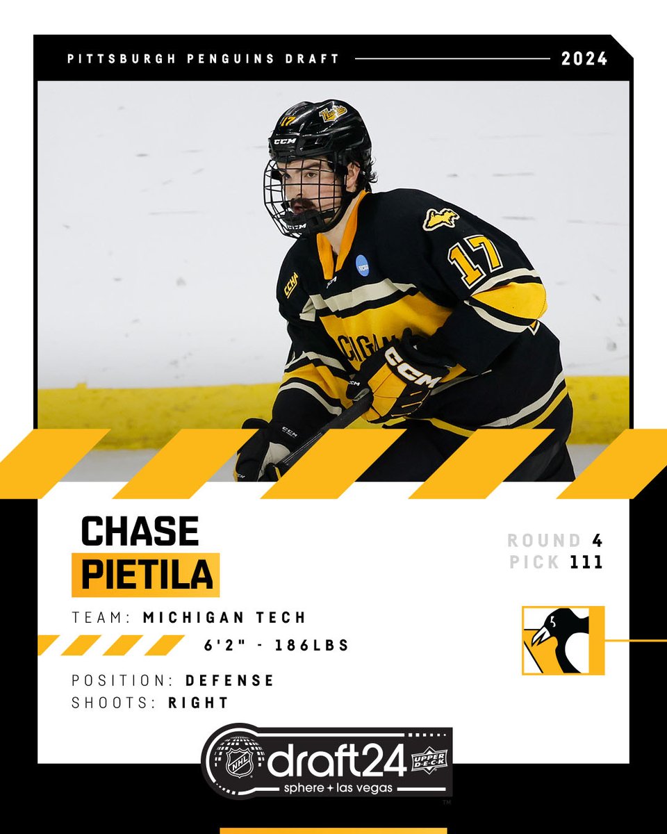With the 111th pick of the 2024 #NHLDraft, the Pittsburgh Penguins select defenseman, Chase Pietila. Welcome to Pittsburgh!