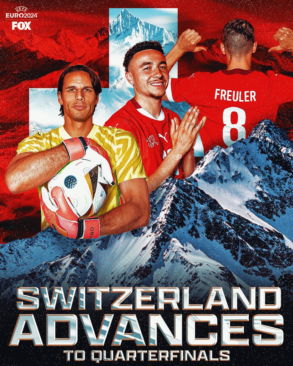 FOXSoccer's tweet photo. SWITZERLAND IS GOING TO THE QUARTERFINALS 🇨🇭

Switzerland will play the winner of England-Slovakia on July 6th 👀 https://t.co/fKZtGOQbaj