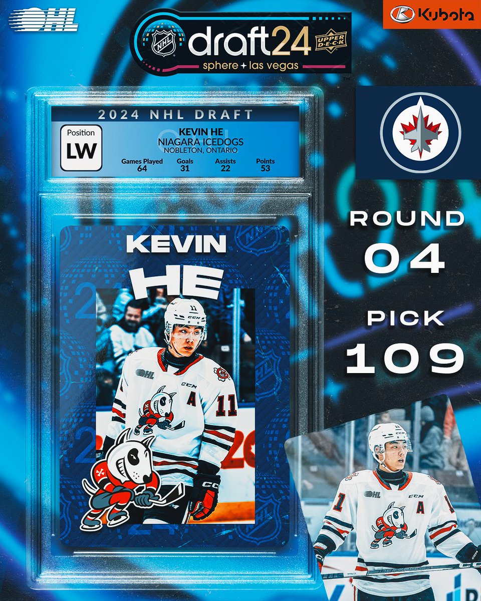 OHLHockey's tweet image. Kevin He's got the speed to fly with the @NHLJets, who select him from the @OHLIceDogs in the fourth round (109th overall) of the 2024 #NHLDraft!