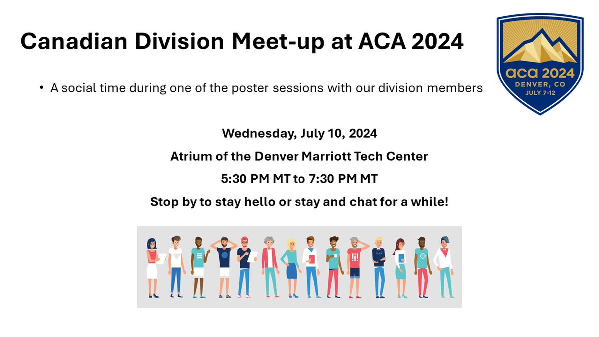 If you will be attending the 2024 American Crystallographic Association meeting, stop by the lobby of the Denver Marriott Tech Center between 5:30 - 7:30 PM MT on July 10 to meet other members of the Canadian Division!