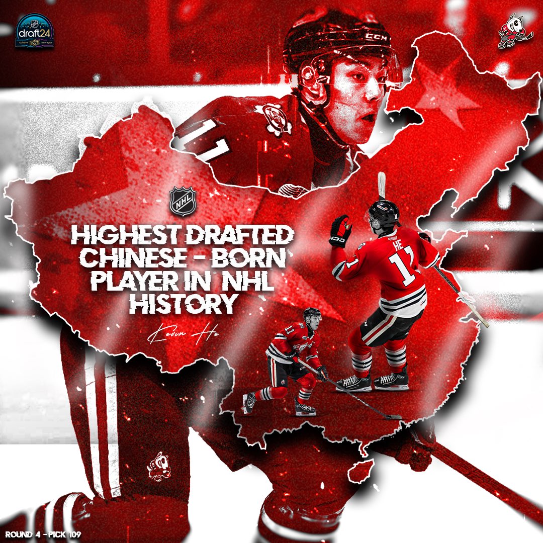 OHLIceDogs's tweet photo. HISTORY MADE 👏

Kevin He becomes the highest drafted Chinese-born player in NHL History!

#RedWarning | #2024NHLDraft https://t.co/ixUMnXoDXE