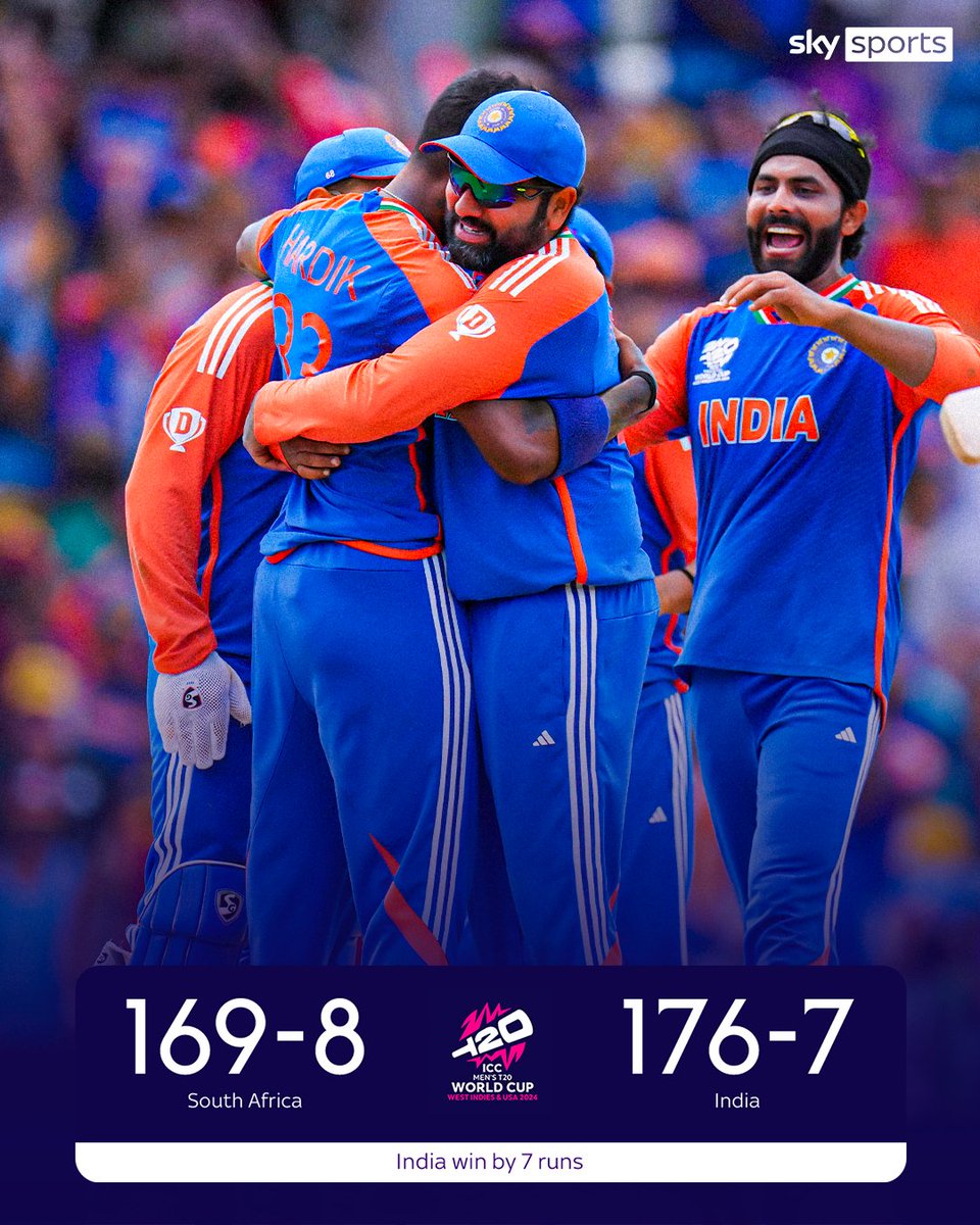 SkyCricket's tweet image. India win the T20 World Cup by seven runs 🏆🇮🇳