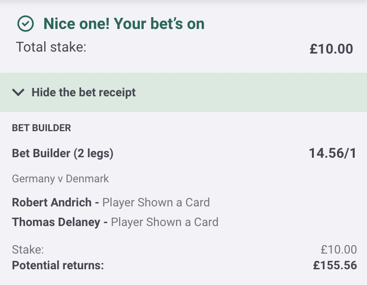🇩🇪 GERMANY vs DENMARK 🇩🇰

What card bets have you backed? 🤔

I've gone for this double with Paddy Power using their "Super Sub" promo.

18+ | GambleAware.org | Always Gamble Responsibly | Ad