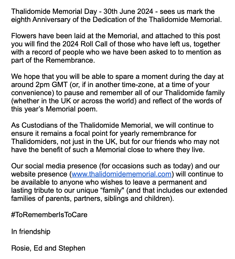RosieMS's tweet photo. Thalidomide Memorial Day 30th June 2024, 8th Anniversary of Dedication of the Thalidomide Memorial. Flowers laid, 2024 Roll Call, this year's Memorial poem. #ToRememberIsToCare #ThalidomideMemorialDay30thJune @ThalidomideM @simmondsswis @ThalSociety @ThalidomideIre @USThalidomide https://t.co/dmnocKpCBL