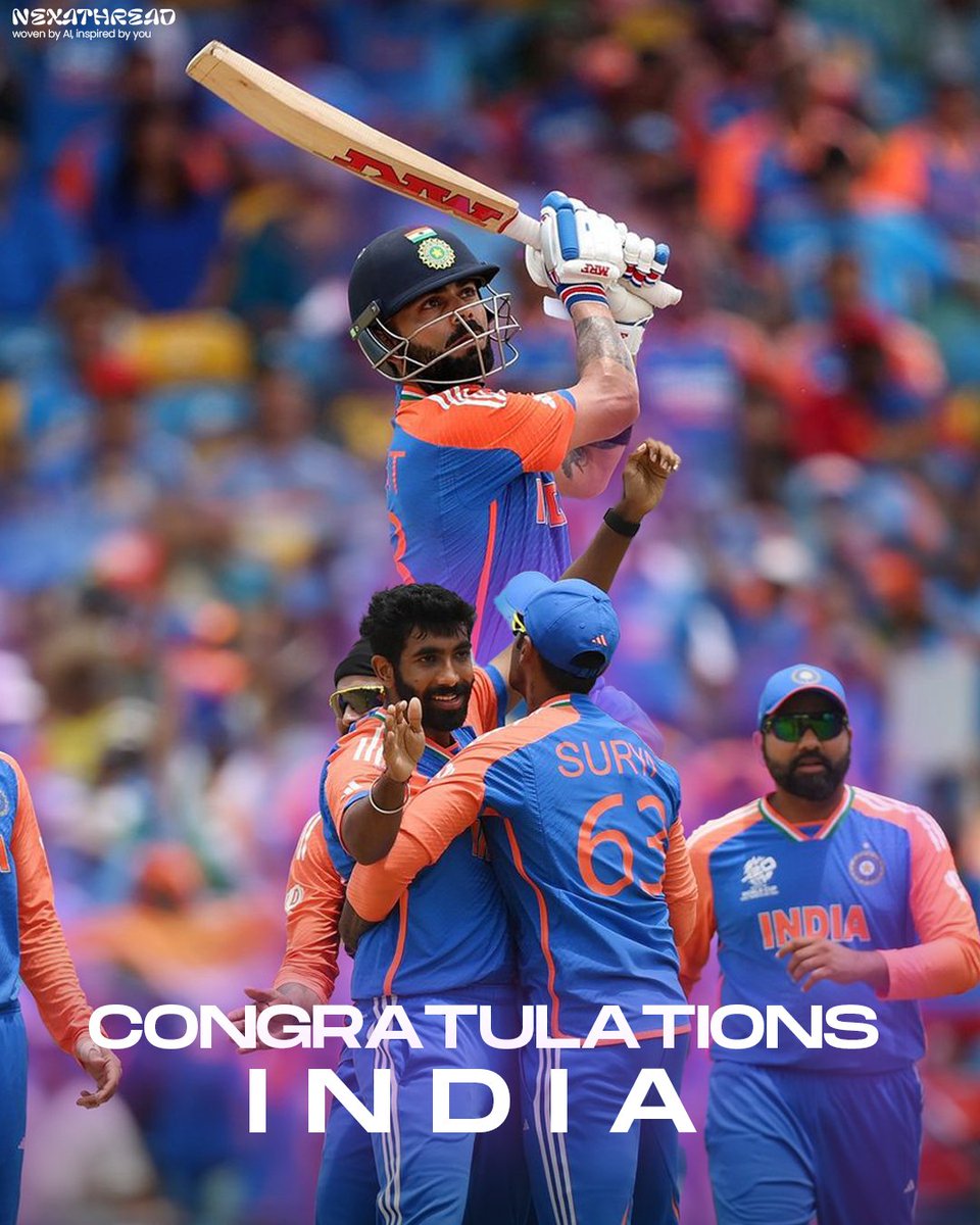 nexathread's tweet photo. Congratulations, Team India!!🏆 What An electrifying win against South Africa and a phenomenal tournament! 🇮🇳 Keep shining and making us proud! 💙 #IndvsSA #TeamIndia #Victory #champions https://t.co/kyOHnynHsf