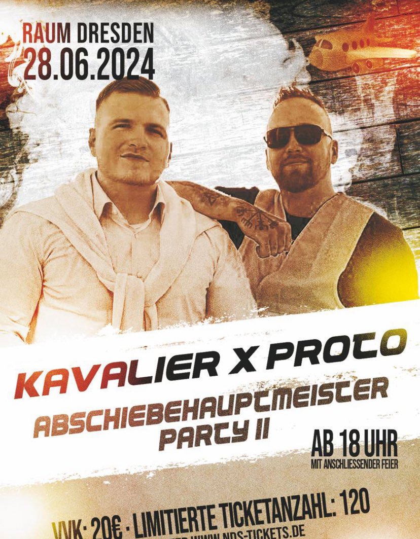 Die Polizei hat gestern die „Abschiebehauptmeister-Party von Dominik „Kavalier“ R. („Werra Elbflorenz“) und Kai „Proto“ Naggert in #Coswig wegen baurechtlicher Aspekte aufgelöst