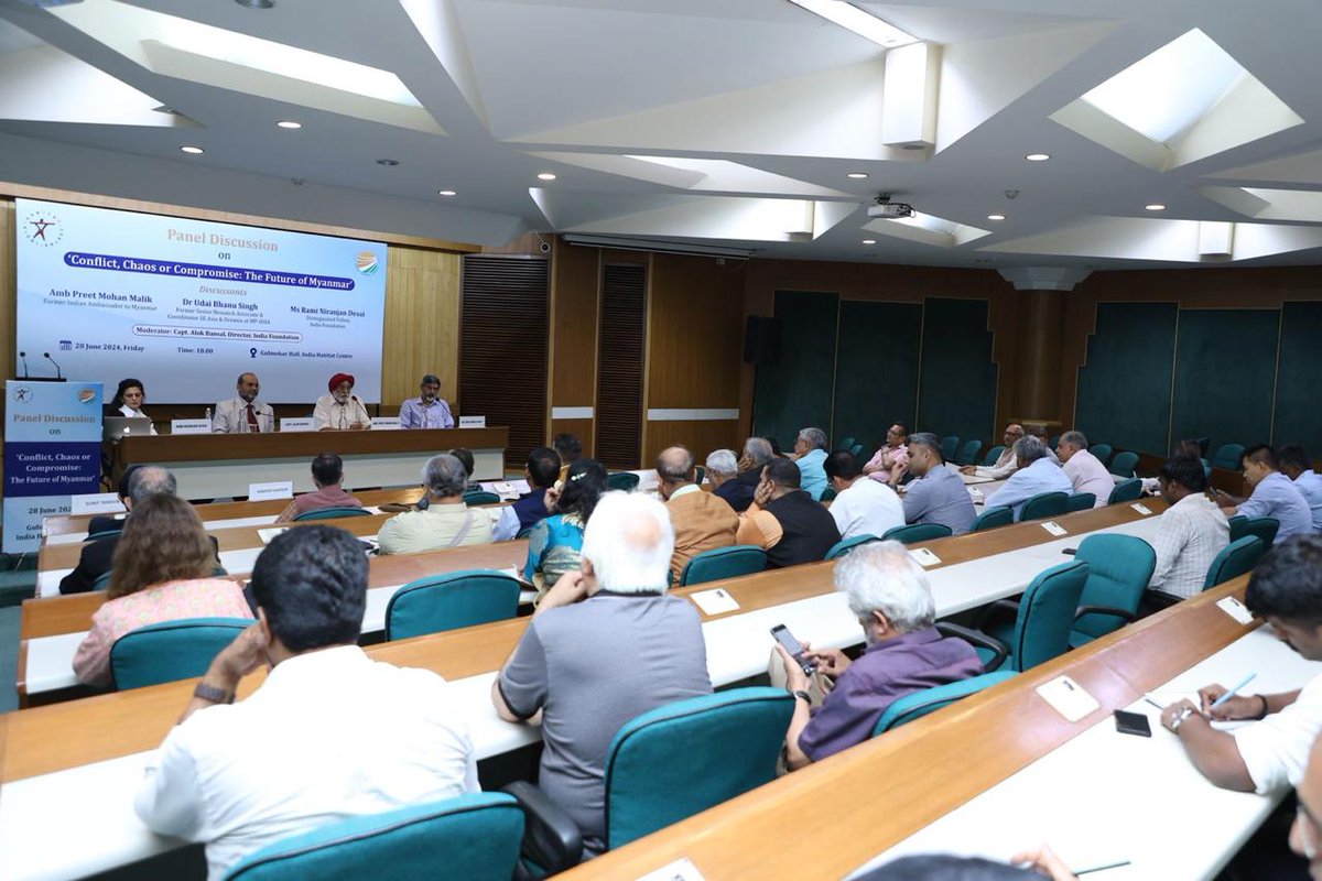 indfoundation's tweet photo. India Foundation &amp; @IHCDelhi held a panel discussion on 'Conflict, Chaos or Compromise: The Future of Myanmar' on June 28, 2024. The session was addressed by Amb Preet Mohan Malik, Dr. Udai Bhanu Singh, @IDSAIndia, &amp; Ms @ramindesai, and moderated by Capt @Alok795. https://t.co/gZws3ob4wy
