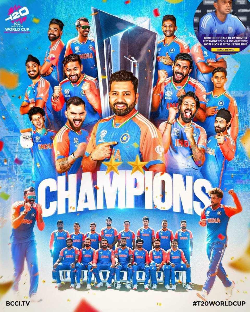 cm_dhakad's tweet photo. 17 वर्ष बाद पुनः टी20 विश्वविजेता बनने की अनंत शुभकामनाएं टीम इंडिया। जय हिंद, भारतमाता की जय। @highlight #T20WorldCup2024 #TeamIndia @ImRo45 @imVkohli @BCCI @cricketworldcup @surya_14kumar @Jaspritbumrah93 @hardikpandya7 https://t.co/UWTxM4k15w