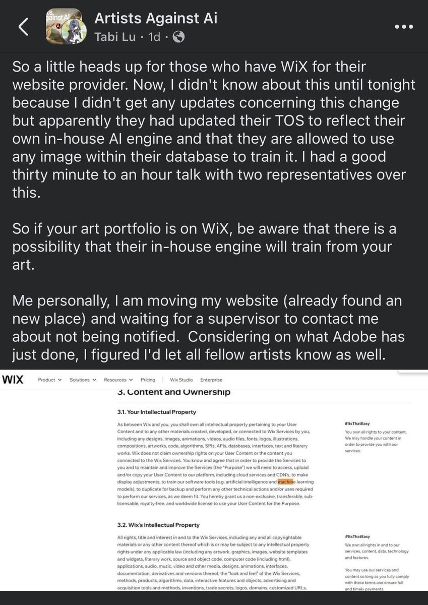 Heads up for Wix users. Don’t know how long this has been a thing, but they intend to use your intellectual property to train their AI. 

I’m not aware of a way to opt out. If fellow artists absolutely need to use Wix, consider using Glaze and Nightshade!

<a href="/Wix/">Wix</a> have some shame.