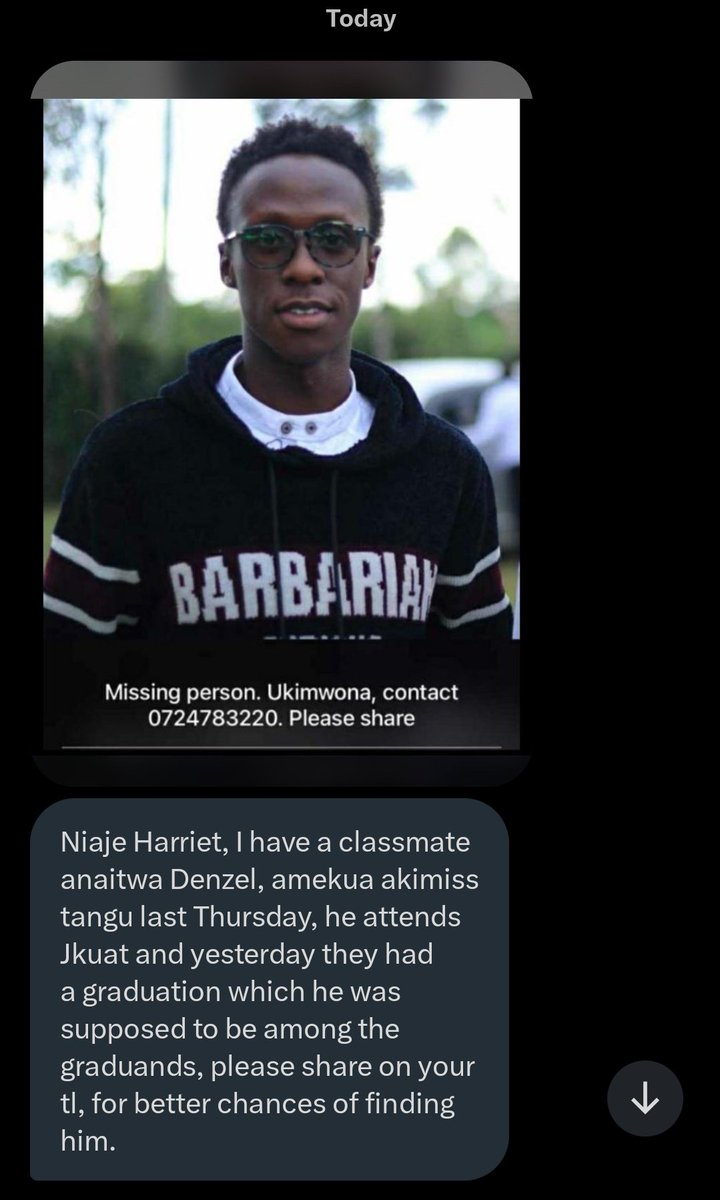 Harriet_divine's tweet photo. Danzel has been missing from last Thursday a jkuat student!!! Rt widely plz https://t.co/tqVz9x0pBP