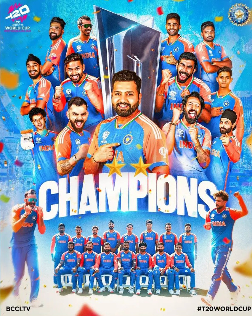 Congrats <a href="/NotDravid/">Rahul Dravid</a> , <a href="/ImRo45/">Rohit Sharma</a> and team.
Great knock by <a href="/imVkohli/">Virat Kohli</a> when most needed. 
A game changing, World cup winning catch by <a href="/surya_14kumar/">Surya Kumar Yadav</a> 

Awesome bowling by <a href="/Jaspritbumrah93/">Jasprit Bumrah</a> <a href="/arshdeepsinghh/">Arshdeep Singh</a> and <a href="/hardikpandya7/">hardik pandya</a>