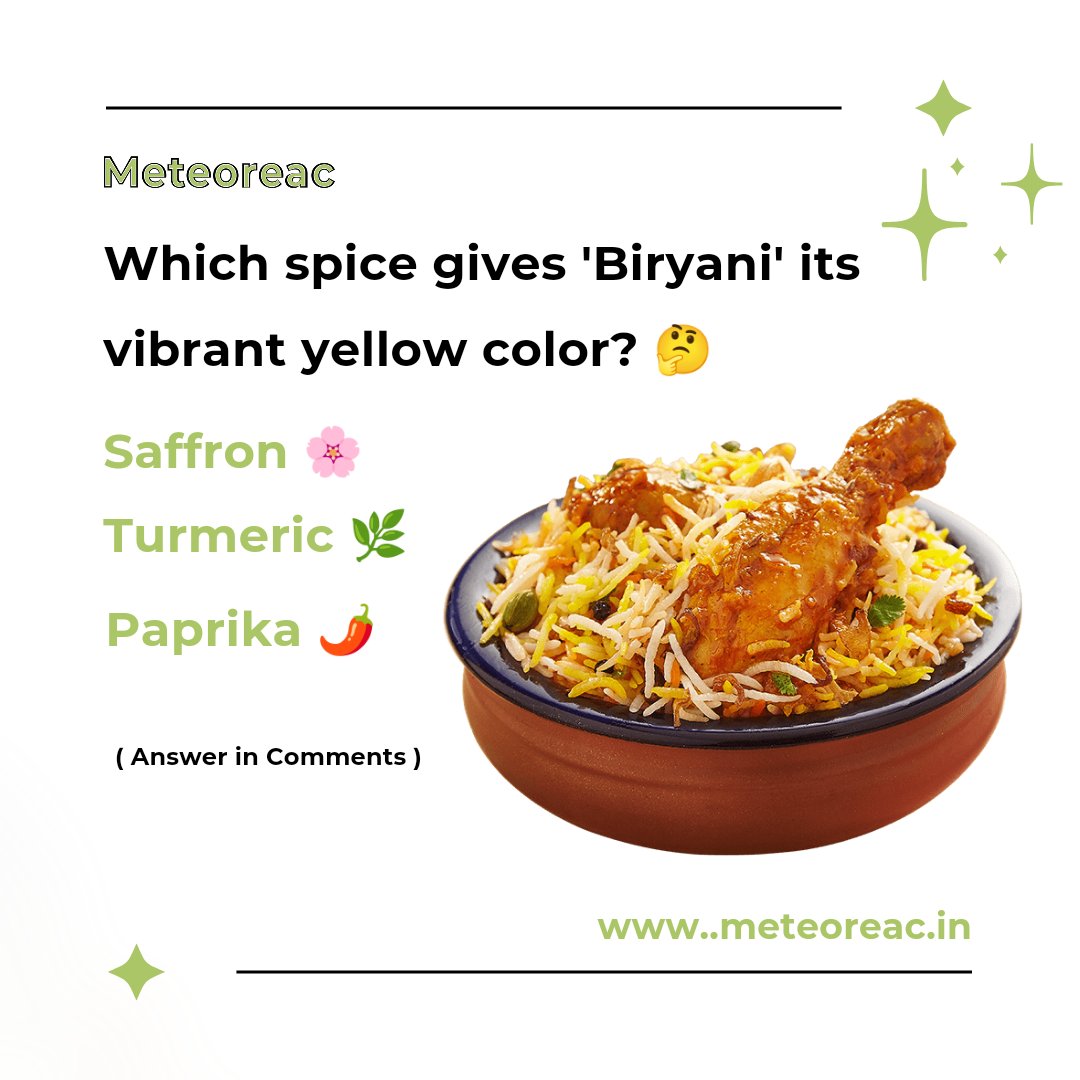 meteoreac's tweet photo. "🍴 Can you guess the spice that gives biryani its beautiful yellow color? Comment your answer and tag a friend! 🌶️"

(Answer in comments)

#Biryani #SpiceQuiz #Meteoreac https://t.co/kHSwb2LNjt