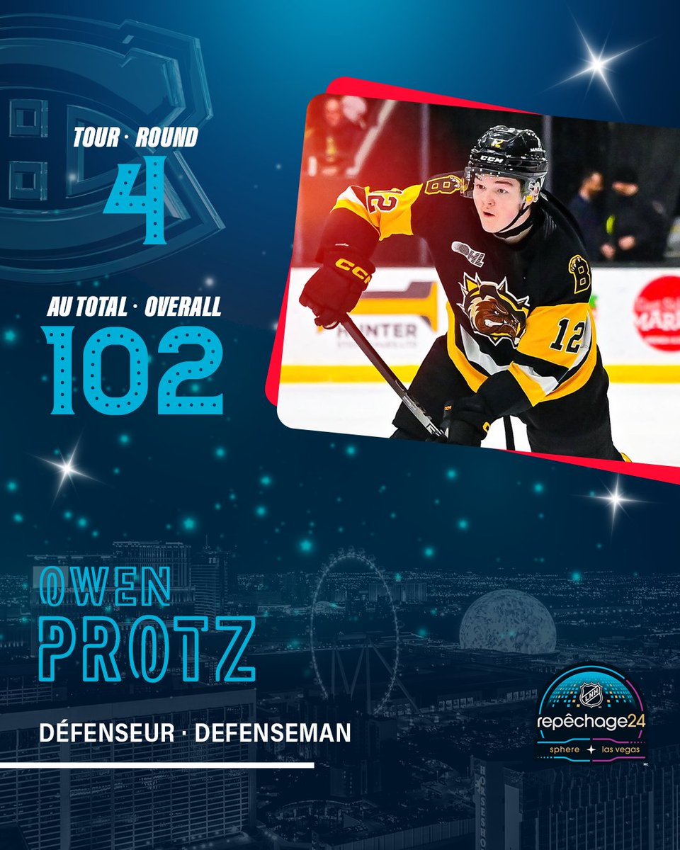 Avec le 102e choix au total, les Canadiens sélectionnent le défenseur Owen Protz des Bulldogs de Brantford.

With the 102nd-overall selection, the Canadiens have drafted defenseman Owen Protz from the Brantford Bulldogs in the OHL.

#GoHabsGo | #RepêchageLNH | #NHLDraft