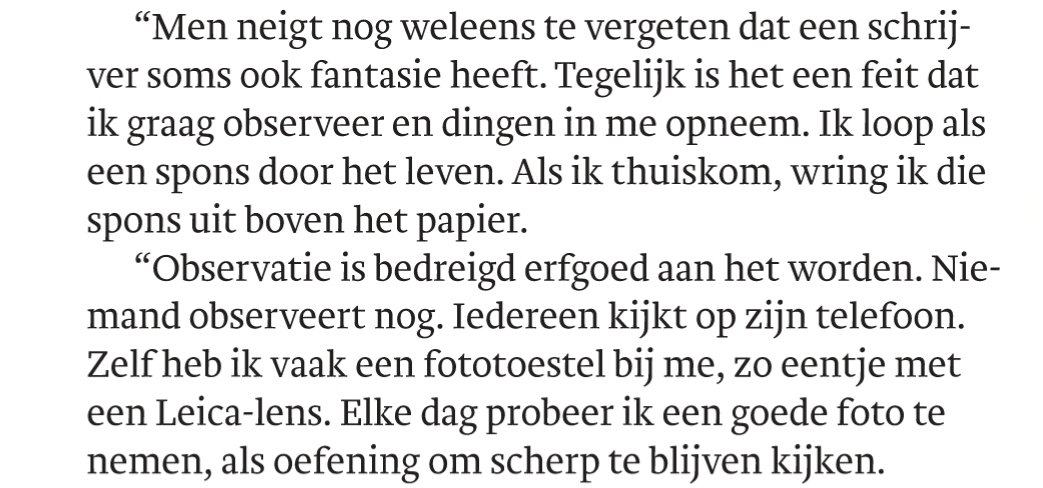 jan_kas's tweet image. &quot;Observatie is bedreigd erfgoed aan het worden. Niemand observeert nog. Iedereen kijkt op zijn telefoon&quot; - Vlaamse auteur Dimitri Verhulst in interview in bijlage Tijdgeest van dagblad Trouw @trouw #observeren #tijdgeest