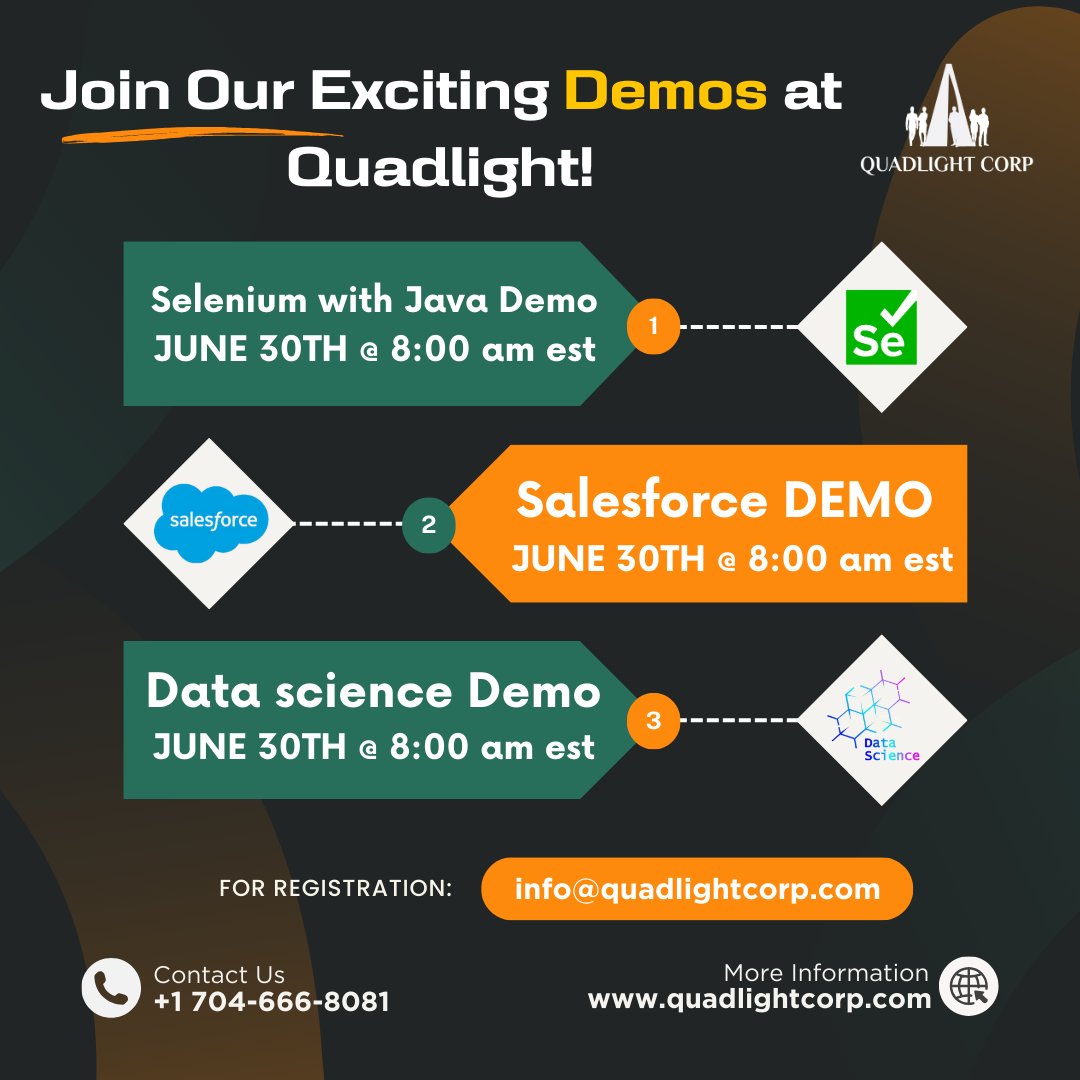 quadlightcorp's tweet image. QuadLight is thrilled to announce a series of exciting demos 🌟 on June 30th, Sunday at 8 AM EST. 

📧 Email: Info@quadlightcorp.com
🌐 Website: quadlightcorp.com

#QuadLight #SeleniumWithJava #SalesforceDemo #DataScienceDemo #TechDemos #LearningOpportunities #CareerGrowth