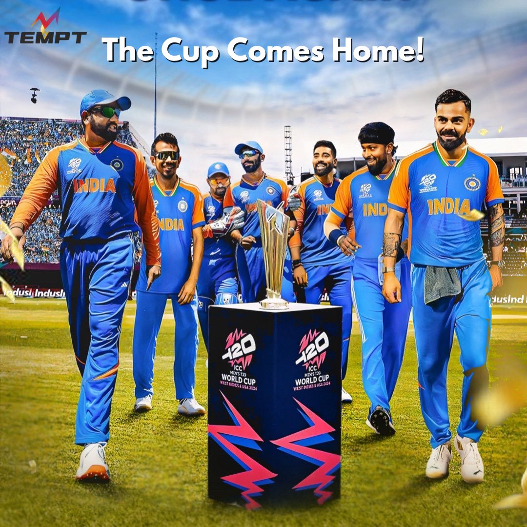 IndiaTempt's tweet photo. Champions Again!🇮🇳🏆

What a journey it has been! From the first ball to the final wicket, our boys in blue have shown heart, grit, and unyielding spirit. Today, they’ve made us all proud by bringing home the T20 World Cup! 🌟

#indiawon #t20worldcup #RohitSharma https://t.co/IvOzhGBWkK