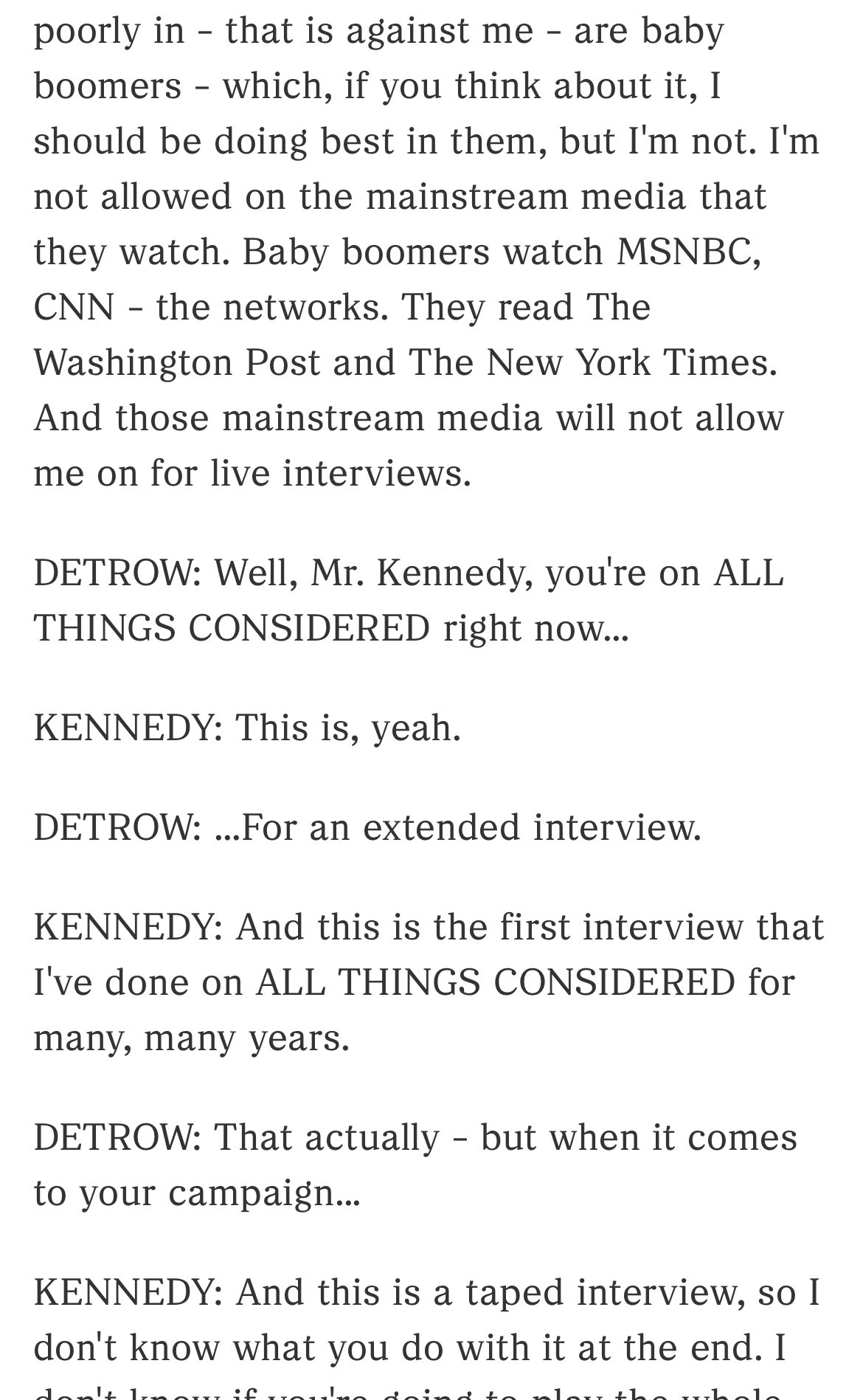 Steve Inskeep on X: Here, RFK Jr. says during a mainstream media interview  with @scottdetrow that the mainstream media wont interview him.  t.co4fKzPSrrZh t.coUND8zc9btI  X