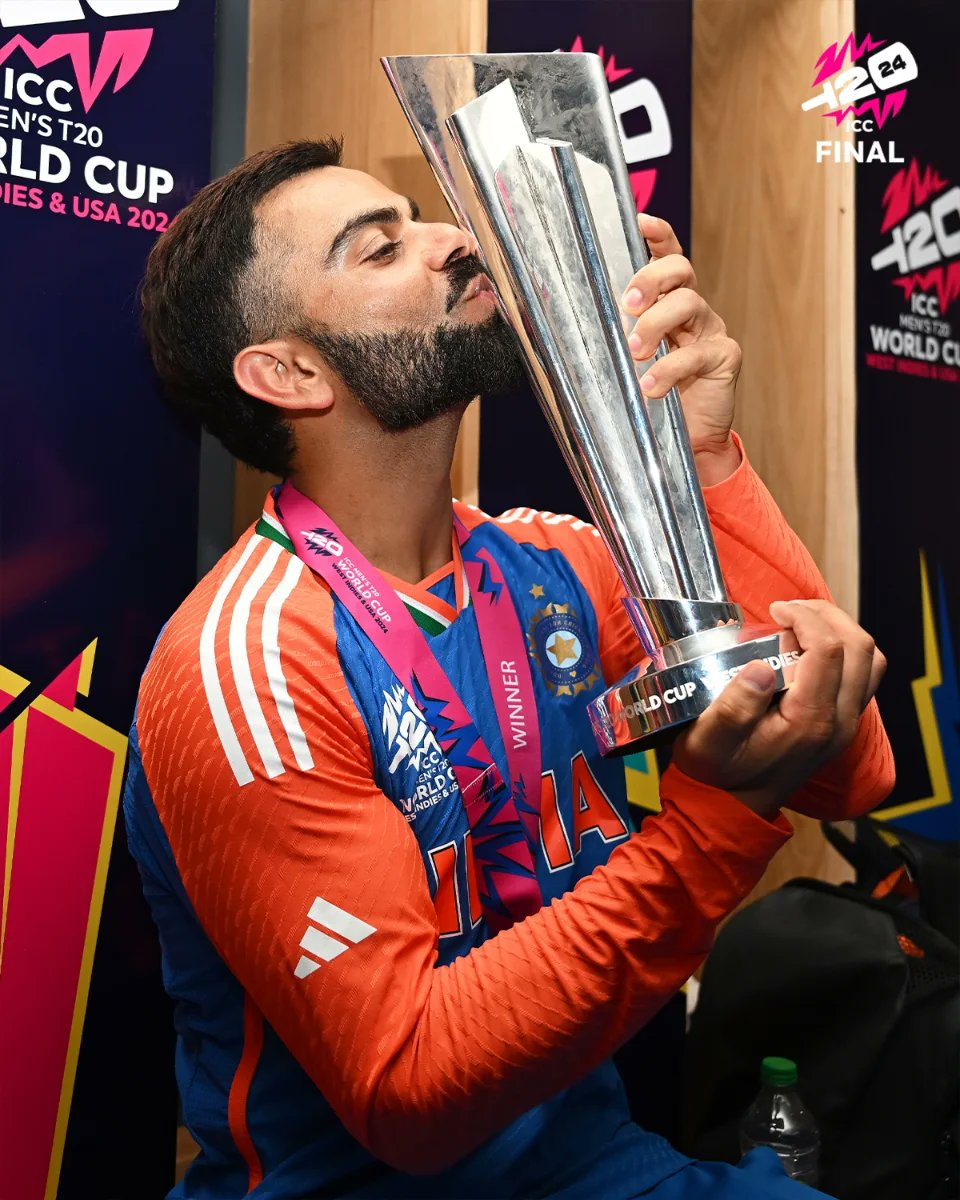 ICC's tweet image. Timeless, priceless moments with the #T20WorldCup trophy secured 🏆