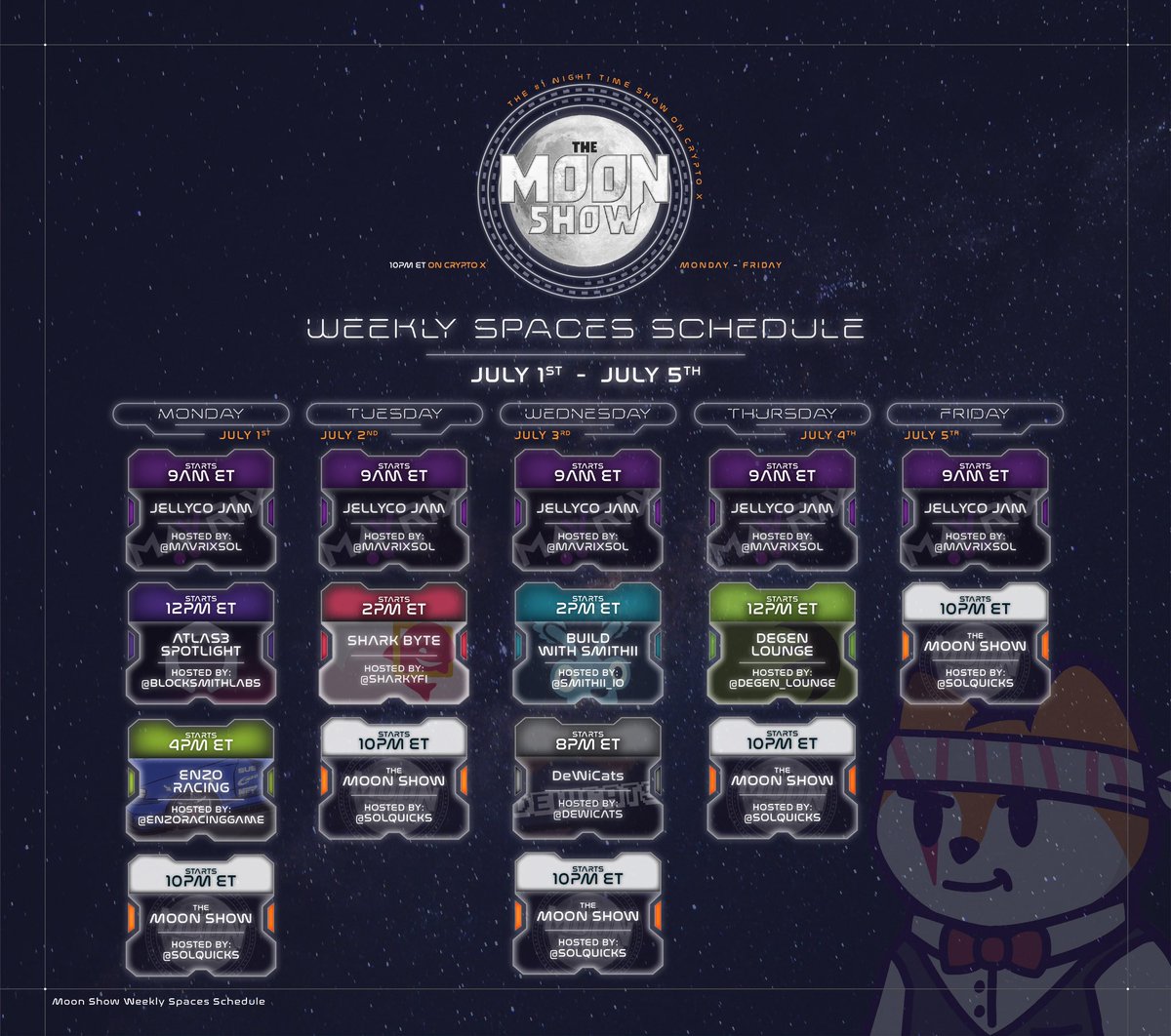 quicks | Solflare (@solquicks) on Twitter photo Follow this Fox in Spaces 🦊👇
Moon Show Sponsors 🤝
<a href="/Decod3rsNFT/">Decod3rs</a> & <a href="/spdrswap/">Spiderswap</a>
7/1 <a href="/GrimSol_/">Grim</a>
7/2 <a href="/999CoinSol/">$999 RIP JUICE</a>
7/3 <a href="/nonfriedchicken/">Non Fried Chicken</a>
7/4 <a href="/FamousFoxFed/">Famous Fox Federation 🦊🟠</a>
7/5 <a href="/EnzoRacingGame/">Enzo Racing</a>
🚨set reminders below👇 Follow this Fox in Spaces 🦊👇
Moon Show Sponsors 🤝
<a href="/Decod3rsNFT/">Decod3rs</a> & <a href="/spdrswap/">Spiderswap</a>
7/1 <a href="/GrimSol_/">Grim</a>
7/2 <a href="/999CoinSol/">$999 RIP JUICE</a>
7/3 <a href="/nonfriedchicken/">Non Fried Chicken</a>
7/4 <a href="/FamousFoxFed/">Famous Fox Federation 🦊🟠</a>
7/5 <a href="/EnzoRacingGame/">Enzo Racing</a>
🚨set reminders below👇