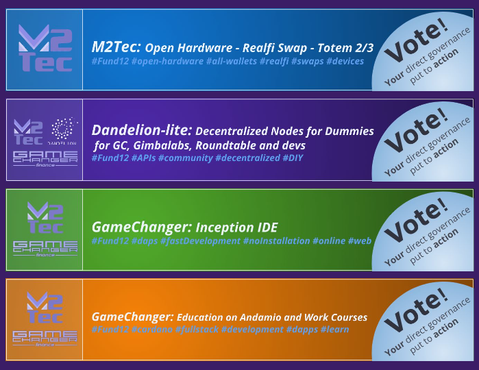 What?! voting has started? 

Well here are our 4 open source proposals for Fund12, presented by <a href="/M2tec_1/">North_Zeta</a> on a short, great, video summary: 

Video:youtube.com/watch?v=w45Gms…

List:gamechangerfinance.github.io/gamechanger.wa…