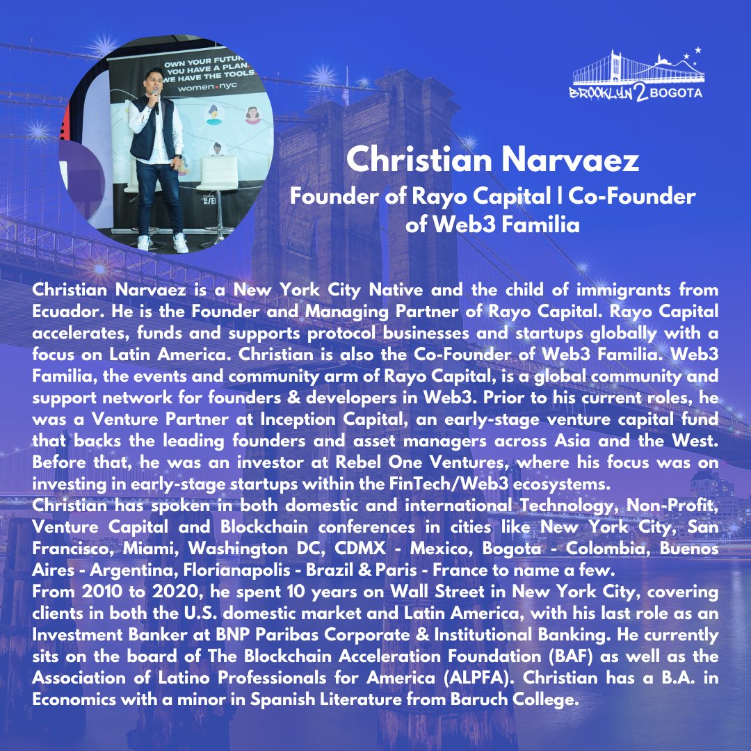 Gracias a cada speaker de nuestro evento. 

ChristianNarvaez, entender el cambio que conlleva la Web3 y el impacto que Blockchain puede tener en las diferentes industrias fué de mucha relevancia para la audiencia.  

brooklyn2bogota.com