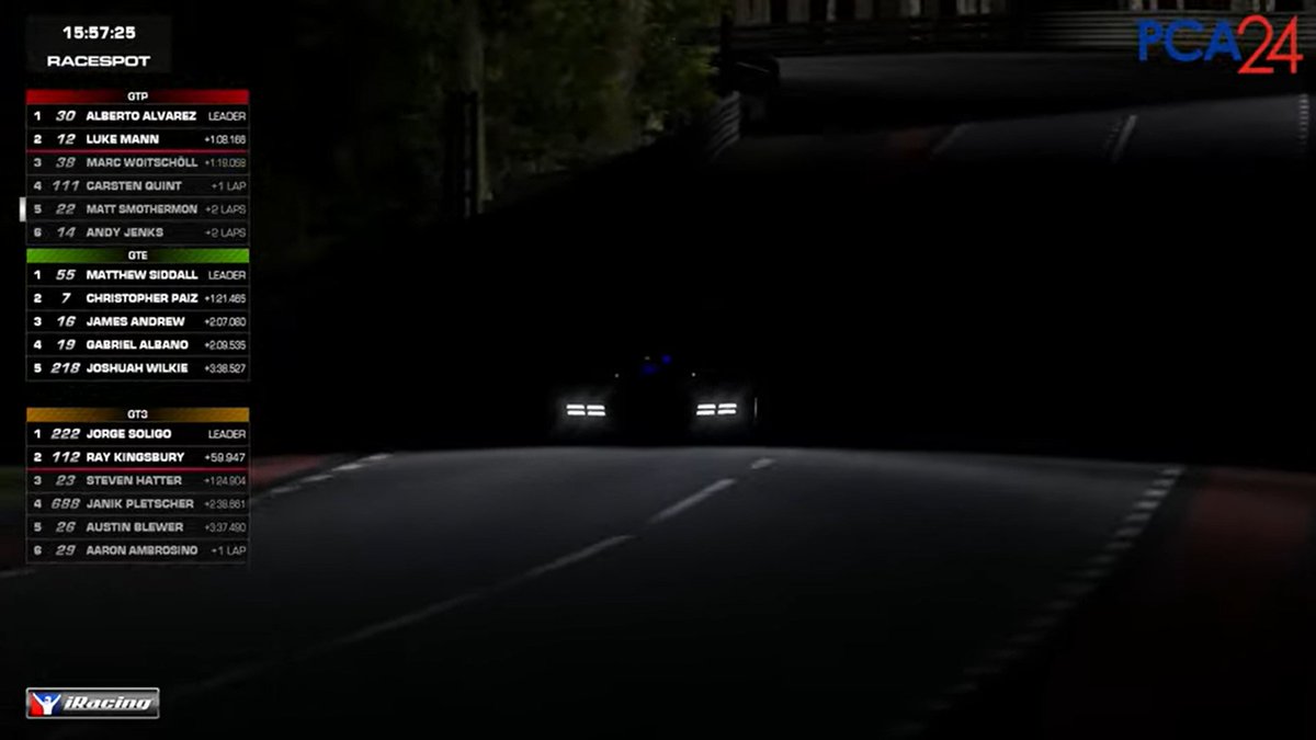 pcasimracing's tweet image. Hour 8 of the #PCA24 is underway. Here are your class leaders:

GTP: ST Racing Esports #30
GTE: Matrix Bronze
GT3: Full Send Racing

More left to go for Part 2 of @RaceSpotTV&apos;s coverage here: youtube.com/watch?v=oGu7Lx…

#PCASimRacing
@PCANational