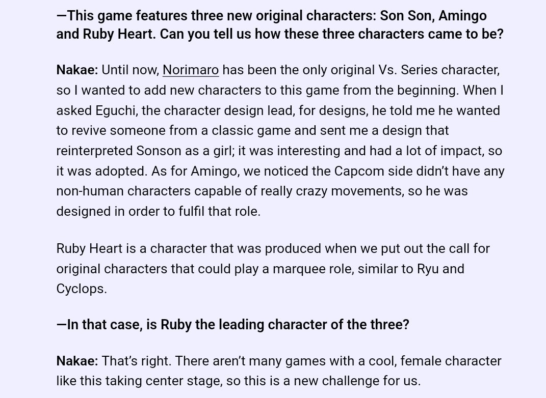 fffightinfacts's tweet image. Ruby Heart, Amingo and Son-Son were designed for Marvel Vs. Capcom 2 from the start, being treated as Capcom-side newcomers.

Ruby in particular was created to be the protagonist, someone having the same protagonist role and energy as Cyclops or Ryu.