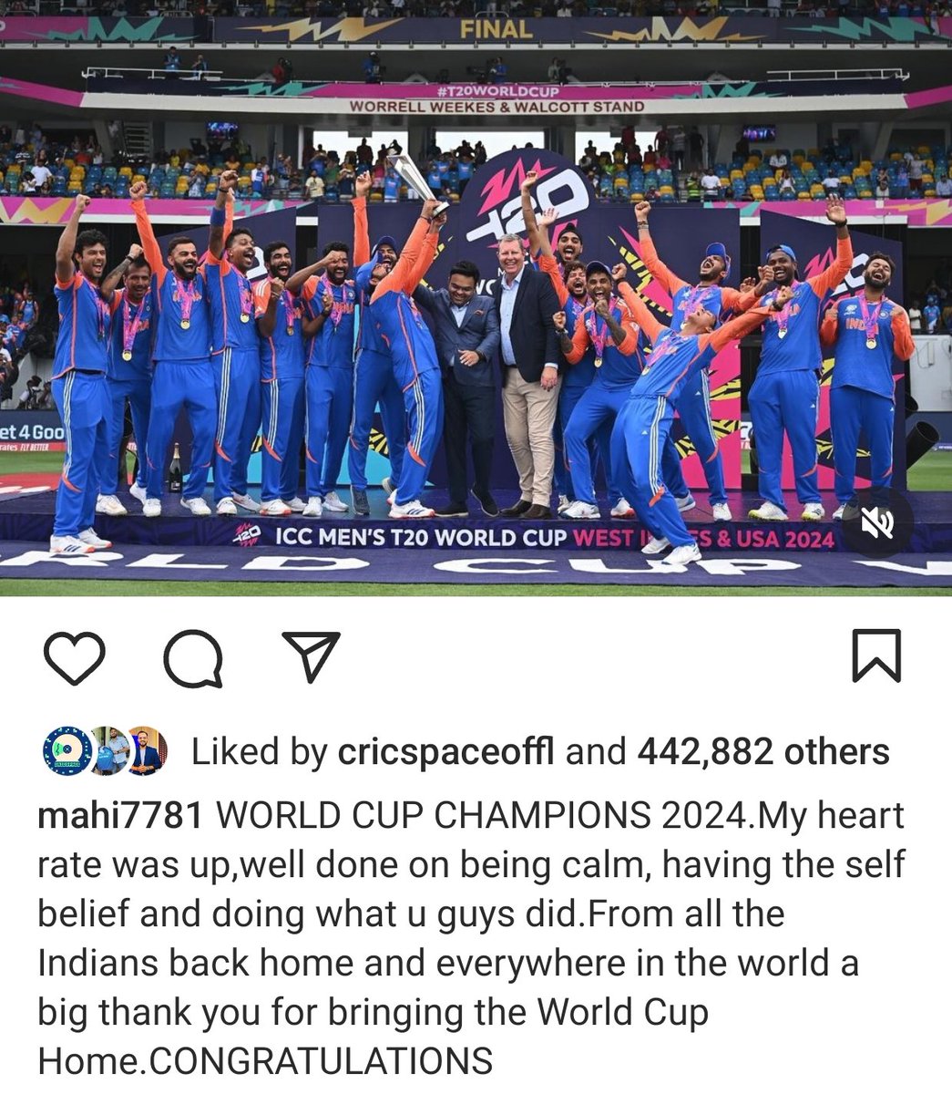 INSTAGRAM POST OF MS DHONI FOR TEAM INDIA 🇮🇳