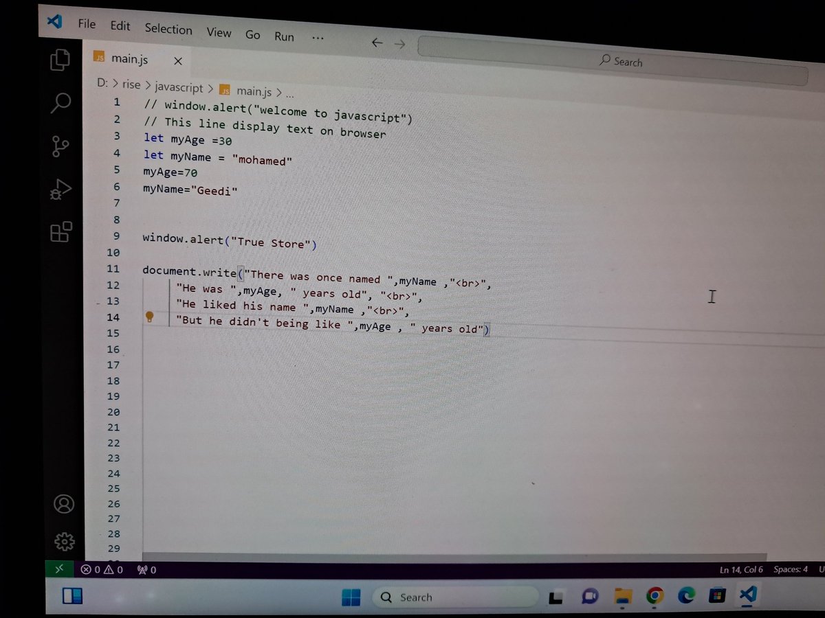 mabdillahi275's tweet photo. 12day to #100DaysOfCode
The first code of Javascript 
#eng_Liicaye 
#RiseAcademy #RiseToCode #NextGenDevelopers @RiseAcademy21 https://t.co/NAZ55XJsZA
