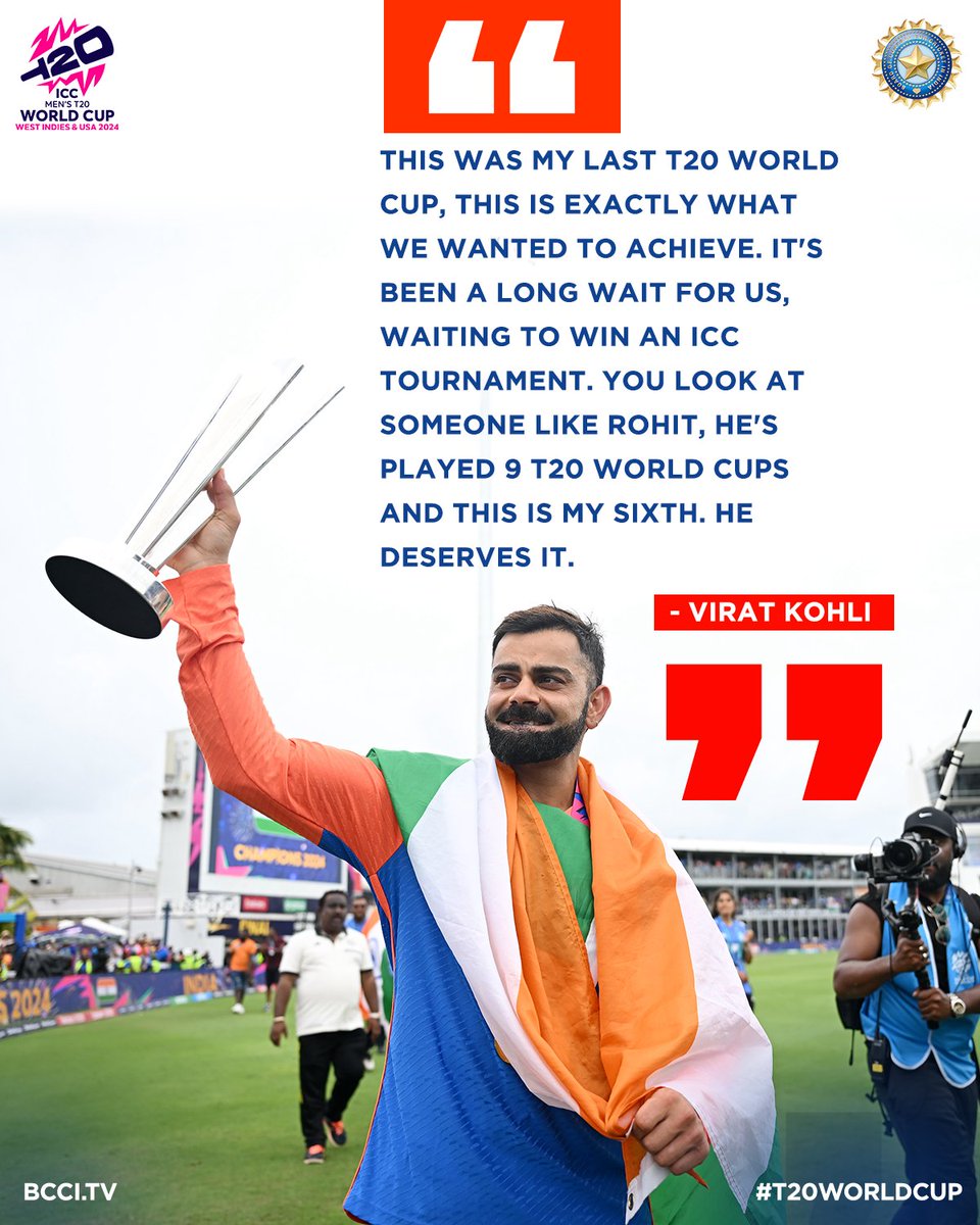 BCCI's tweet image. 💬💬  𝗧𝗵𝗶𝘀 𝘄𝗮𝘀 𝗺𝘆 𝗹𝗮𝘀𝘁 𝗧𝟮𝟬 𝗪𝗼𝗿𝗹𝗱 𝗖𝘂𝗽: Virat Kohli 

King Kohli bids adieu to the T20I format in style and mutual admiration for Captain Rohit Sharma 👏 🫡

Take A Bow on that glorious T20I career! 🙌

#T20WorldCup | #TeamIndia | #SAvIND | @imVkohli