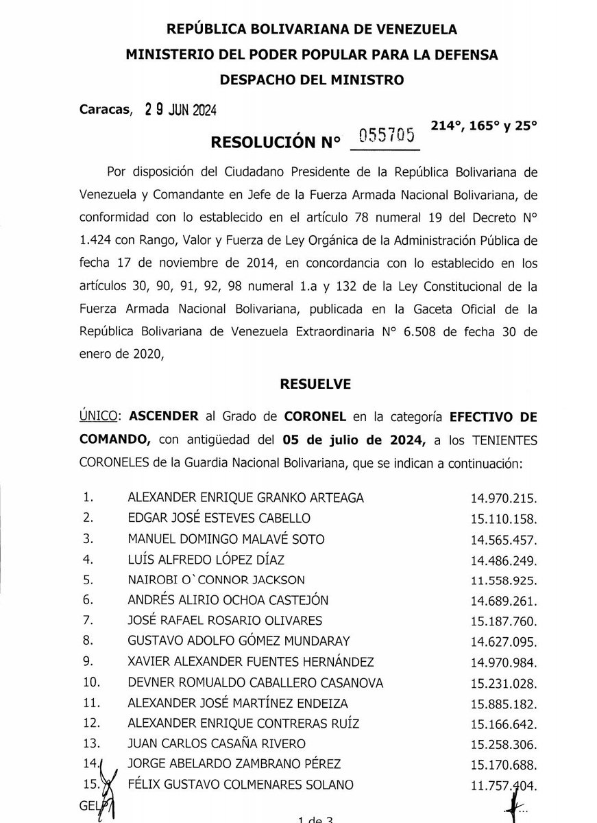 #URGENTE 

El dictador #Maduro hoy ordena ascender al rango de CORONEL a Alexander Granko Arteaga. 

Este militar está sancionado en varios países , y está señalado en graves crímenes.

Importante que lo asciende de primero en la lista.