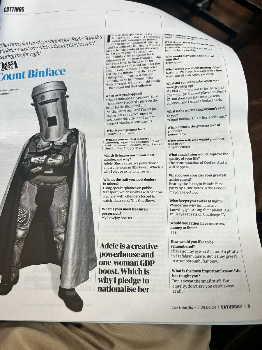 The Q&amp;A with <a href="/CountBinface/">Count Binface</a> might be the best one the <a href="/guardian/">The Guardian</a> magazine have ever done.