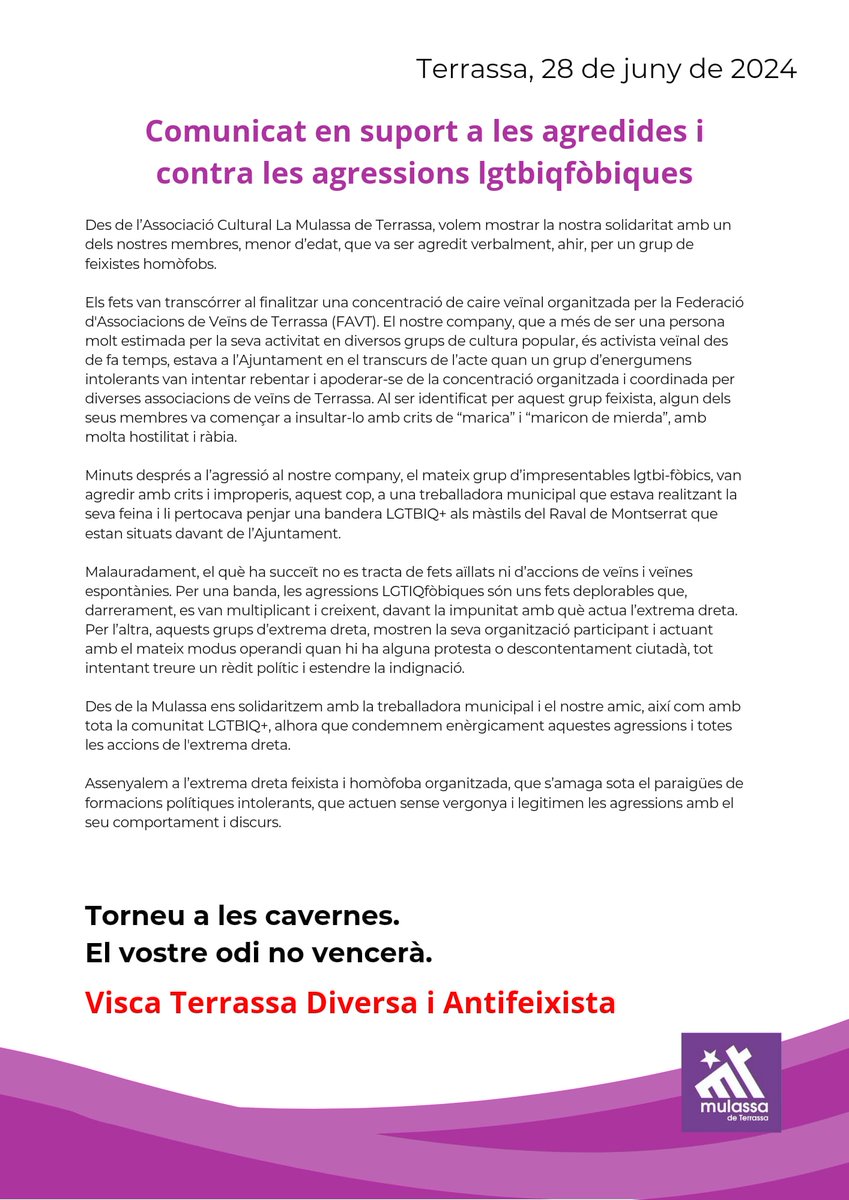 ✊🏿 [Comunicat] 
Perquè estimem la festa, però més estimem a la nostra gent i a les persones que lluiten contra les injustícies i la intolerància.

El vostre odi no vencerà.
#CulturaPopularAntifeixista
#Terrassa
