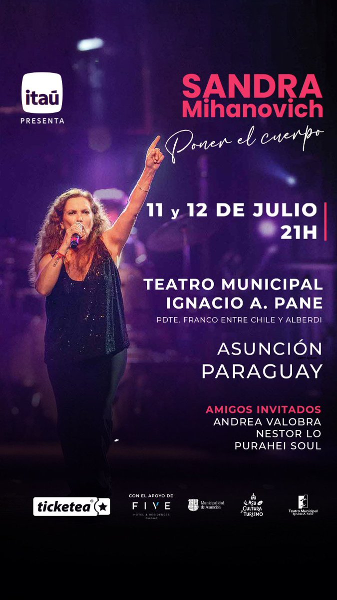 ‼️A T E N C I O N 🇵🇾. P A R A G U A Y ‼️ 
<a href="/sanmihanovich/">sandra mihanovich</a> 11 y 12 de Julio - 21:00h Teatro Municipal Ignacio A.Pane
Invitados grandes artistas nacionales
✅ Andrea Valobra
✅ Néstor Ló
✅ Purahéi Soul
🎟️ ¿Ya tenés tu entrada? ¡Están a la venta en Ticketea!
ticketea.com.py/events/sandra-…