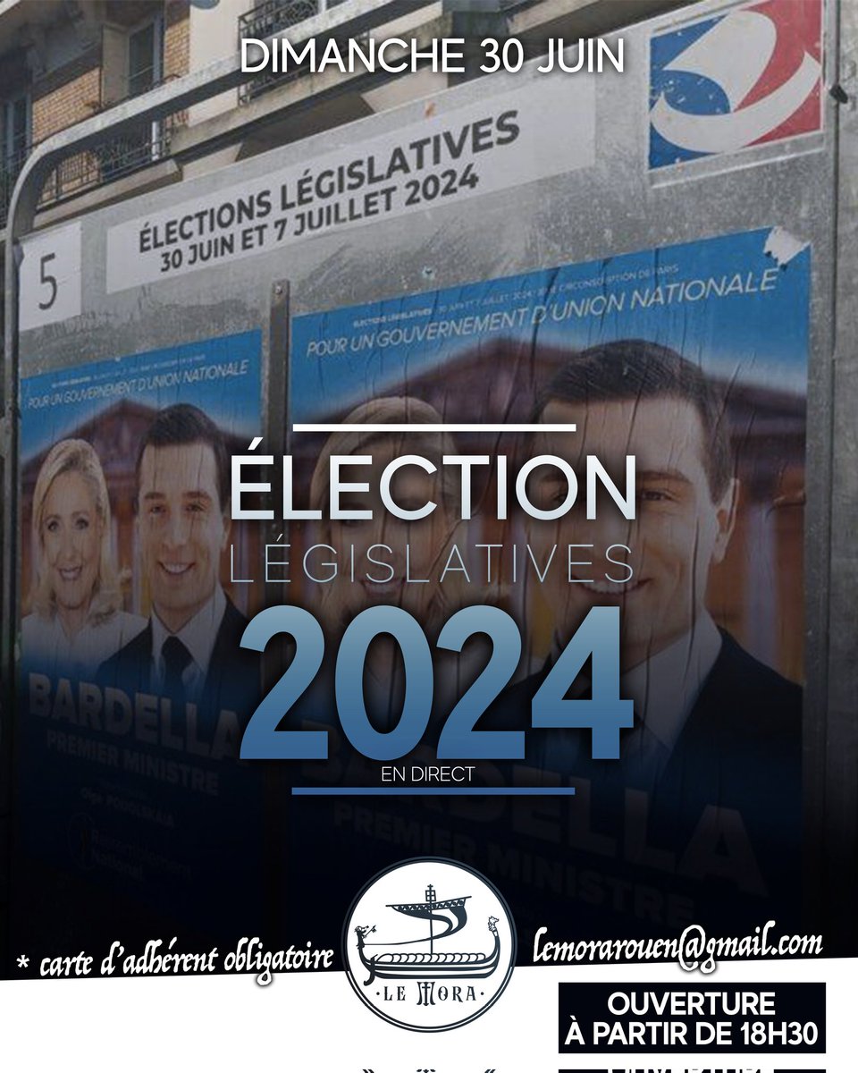 lemorarouen's tweet photo. 🇫🇷 Ce dimanche le Mora vous ouvre ses portes à partir de 18h30 pour vivre en direct les résultats du 
premier tour des élections législatives 🗳 

Victoire du camp patriote à prévoir !

Contact 👉🏻 lemorarouen@gmail.com https://t.co/8TL74gbZr7