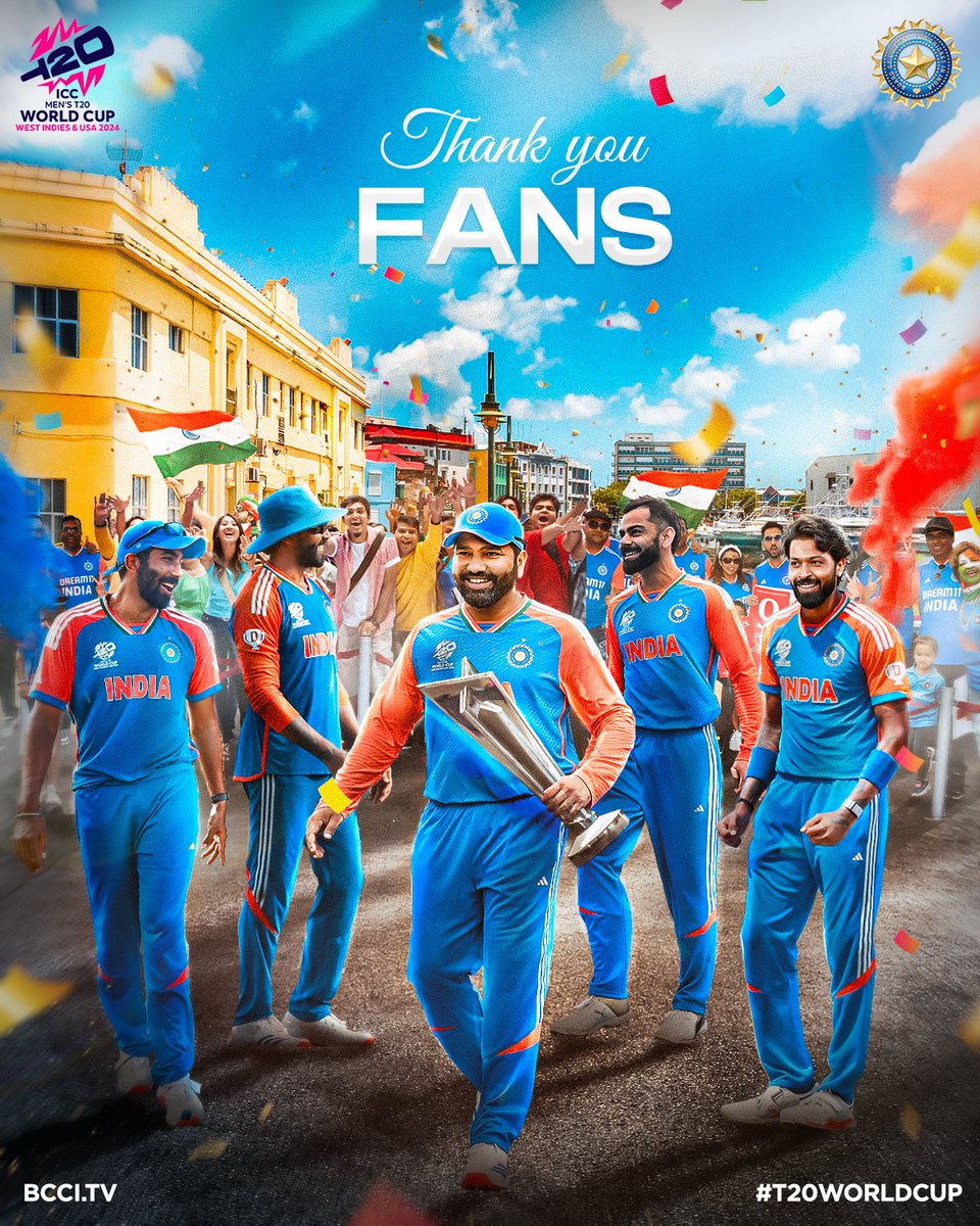 BCCI's tweet image. From a Champion team 🏆 to its Champion fans 🥳,

Your support and backing makes this #T20WorldCup Triumph extra memorable! 🤗 💙

#TeamIndia | #SAvIND